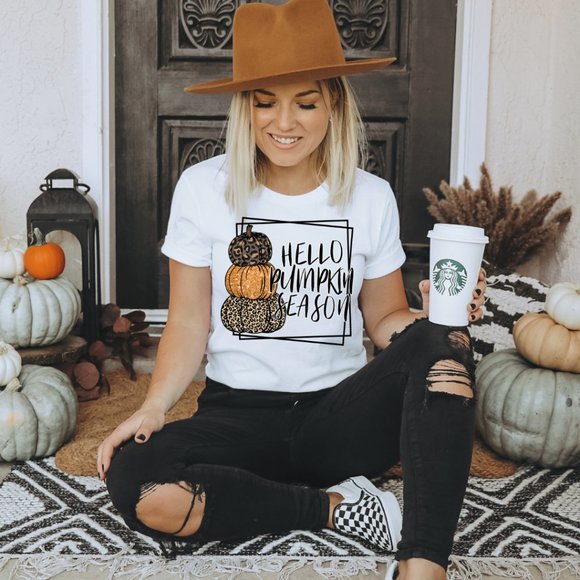 Tops - Hello Pumpkin Season Leopard Print Pumpkin Tee Cute Fall Tee Shirt Thanksgiving